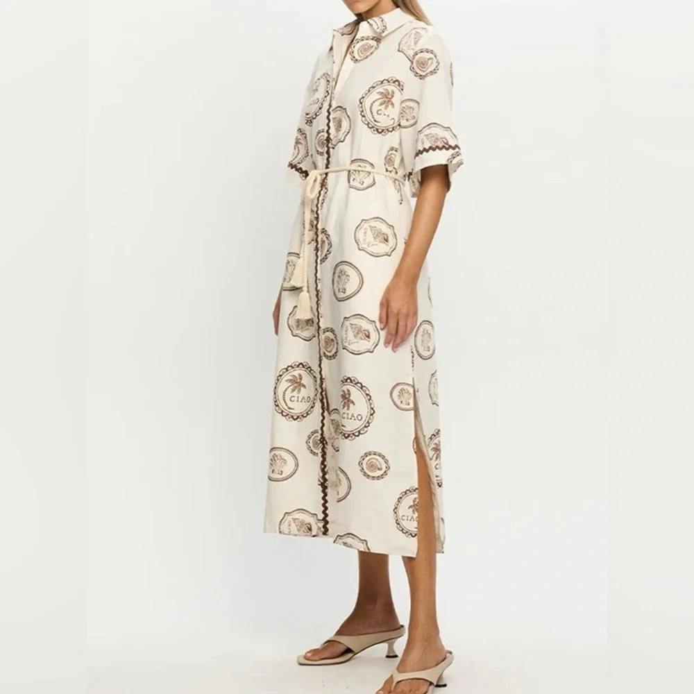 NWT Island Postcard Print Button-Down Midi Shirt Dress Belted, Boho Summer S-2XL - Picture 5 of 8